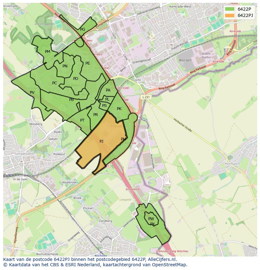 Afbeelding van het postcodegebied 6422 PJ op de kaart.
