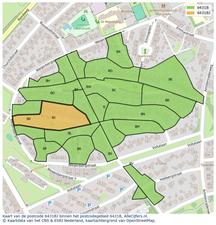 Afbeelding van het postcodegebied 6431 BJ op de kaart.