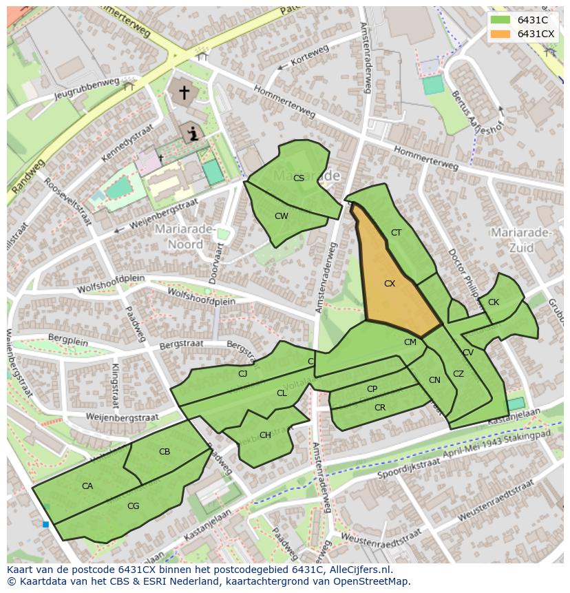 Afbeelding van het postcodegebied 6431 CX op de kaart.