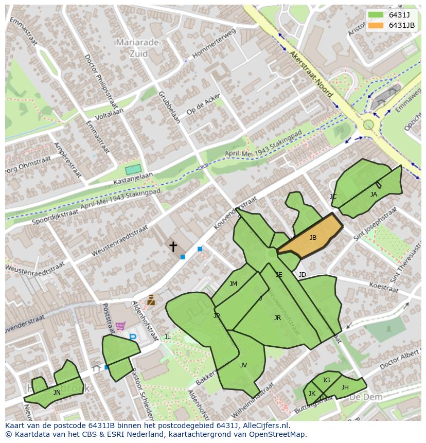 Afbeelding van het postcodegebied 6431 JB op de kaart.