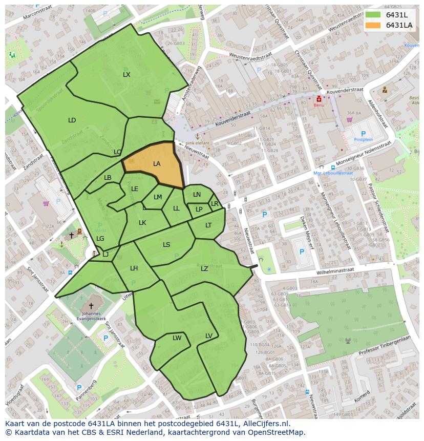Afbeelding van het postcodegebied 6431 LA op de kaart.