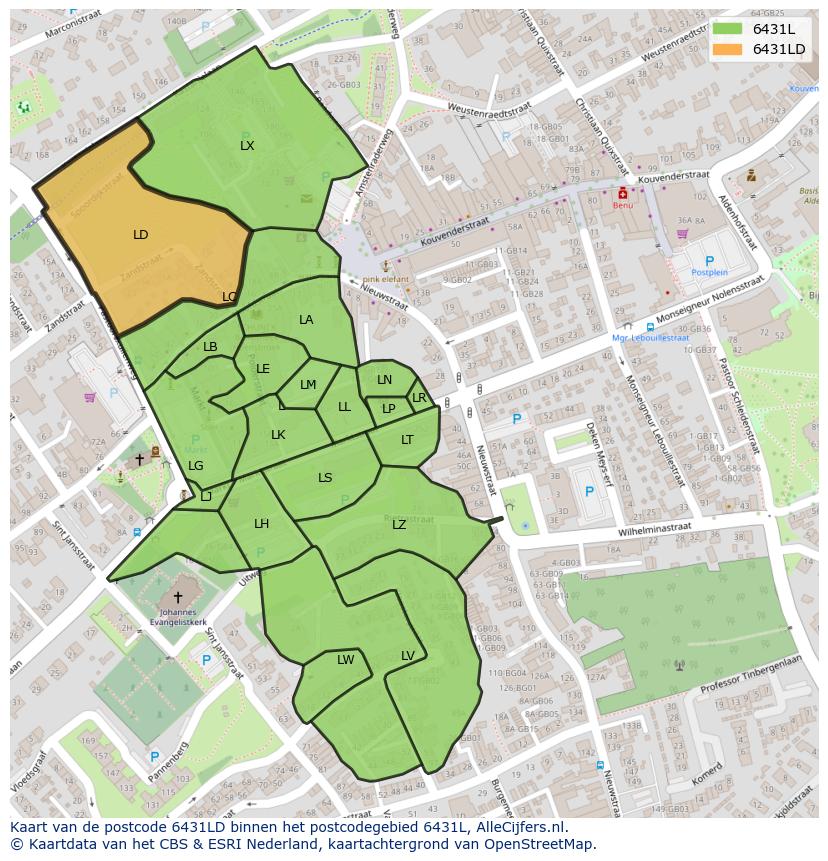 Afbeelding van het postcodegebied 6431 LD op de kaart.