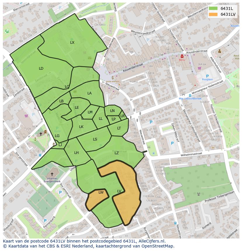 Afbeelding van het postcodegebied 6431 LV op de kaart.
