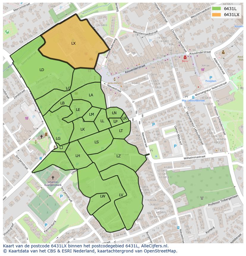 Afbeelding van het postcodegebied 6431 LX op de kaart.