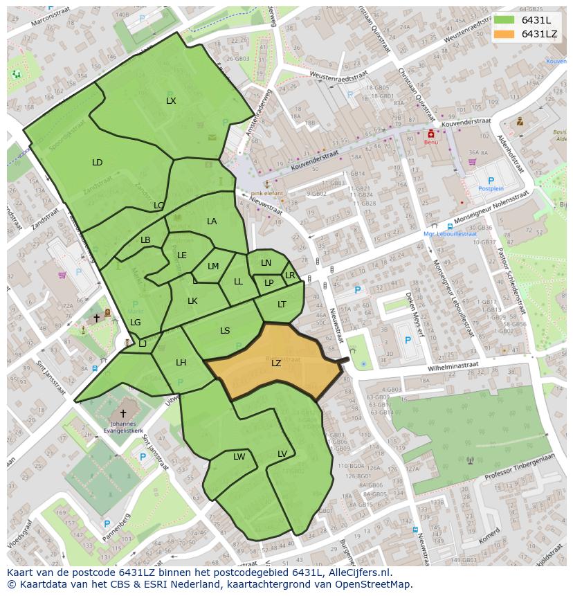 Afbeelding van het postcodegebied 6431 LZ op de kaart.
