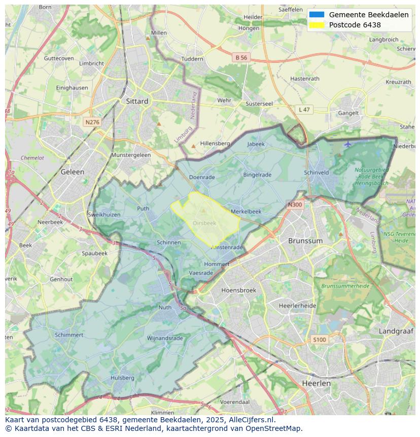 Afbeelding van het postcodegebied 6438 op de kaart.