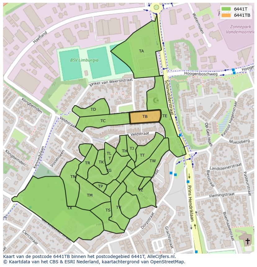 Afbeelding van het postcodegebied 6441 TB op de kaart.