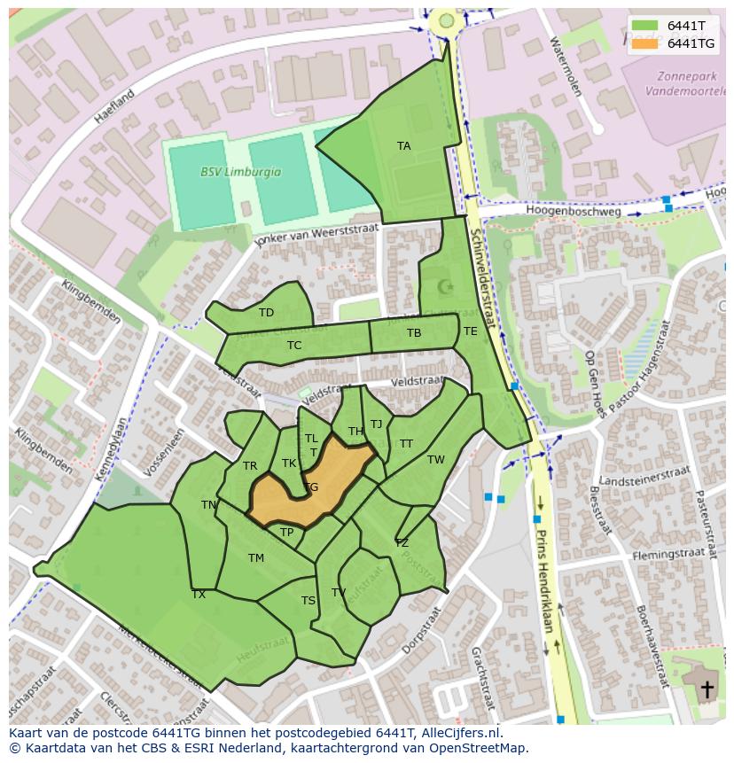Afbeelding van het postcodegebied 6441 TG op de kaart.