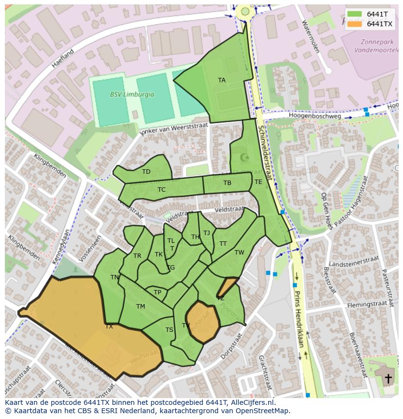Afbeelding van het postcodegebied 6441 TX op de kaart.