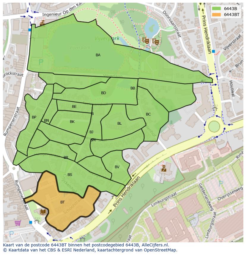 Afbeelding van het postcodegebied 6443 BT op de kaart.