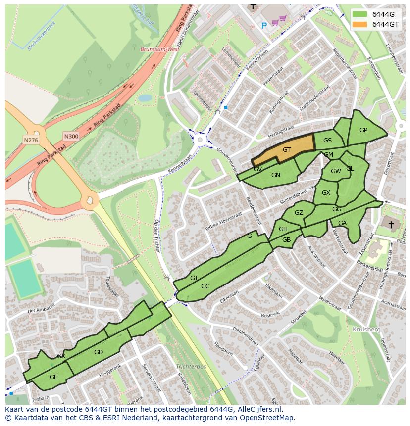 Afbeelding van het postcodegebied 6444 GT op de kaart.
