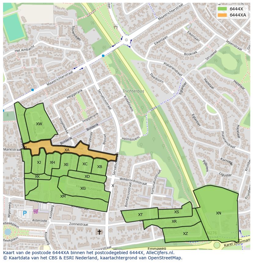 Afbeelding van het postcodegebied 6444 XA op de kaart.