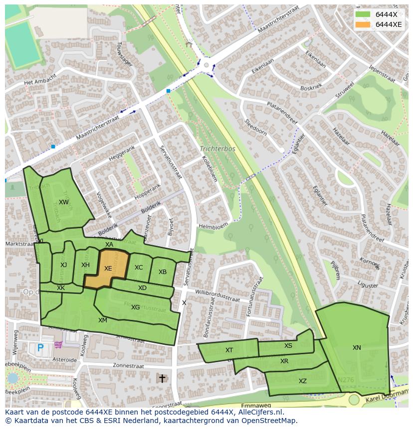 Afbeelding van het postcodegebied 6444 XE op de kaart.