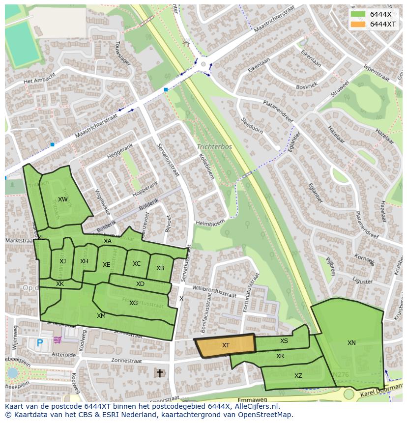 Afbeelding van het postcodegebied 6444 XT op de kaart.