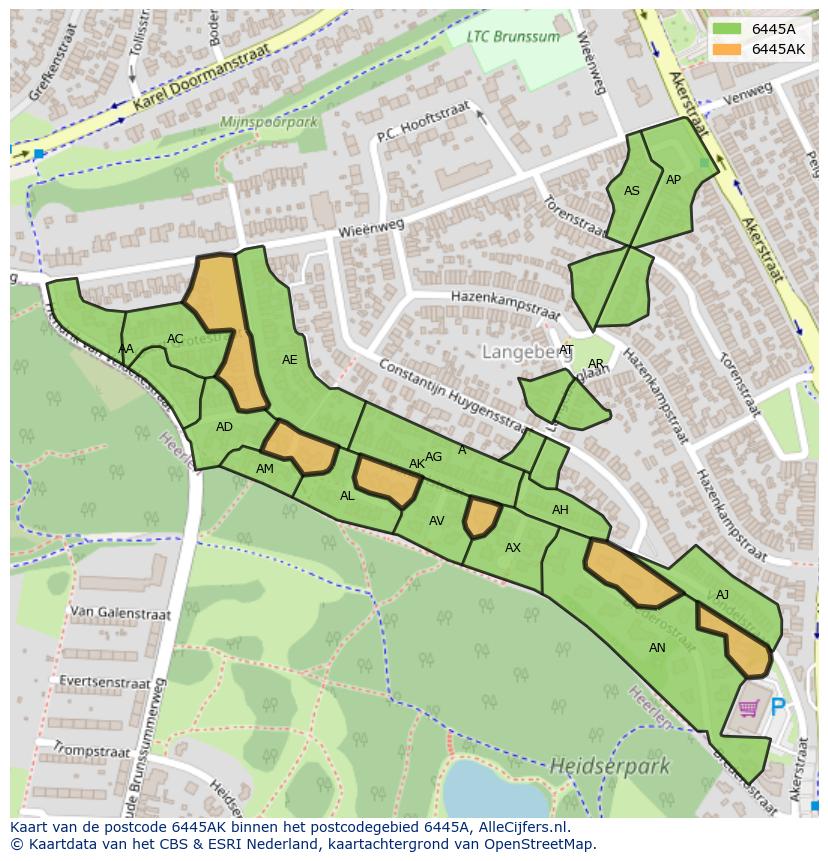 Afbeelding van het postcodegebied 6445 AK op de kaart.