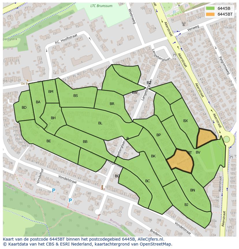 Afbeelding van het postcodegebied 6445 BT op de kaart.
