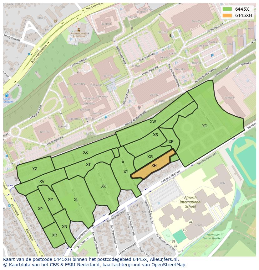 Afbeelding van het postcodegebied 6445 XH op de kaart.