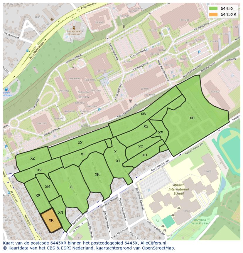 Afbeelding van het postcodegebied 6445 XR op de kaart.