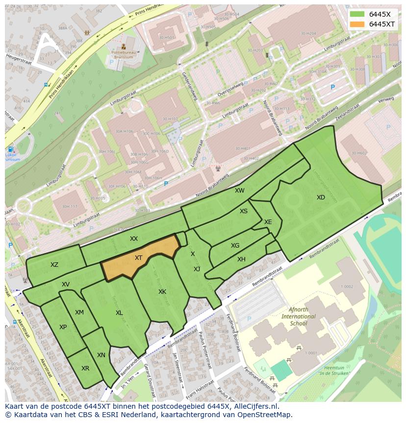 Afbeelding van het postcodegebied 6445 XT op de kaart.
