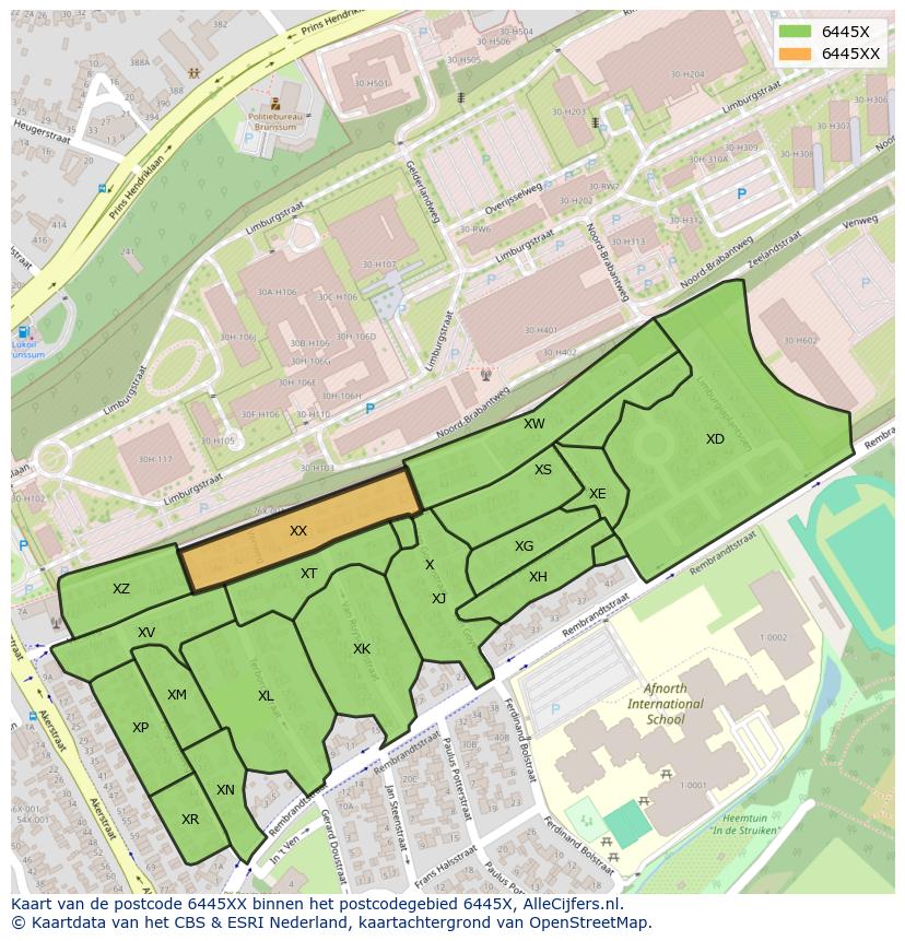 Afbeelding van het postcodegebied 6445 XX op de kaart.