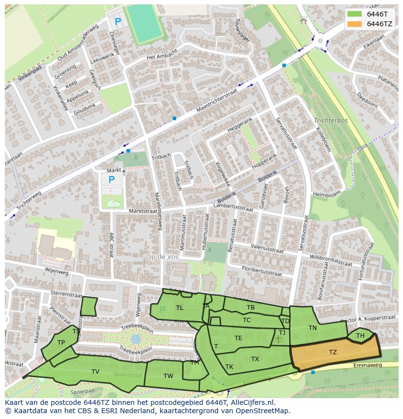 Afbeelding van het postcodegebied 6446 TZ op de kaart.