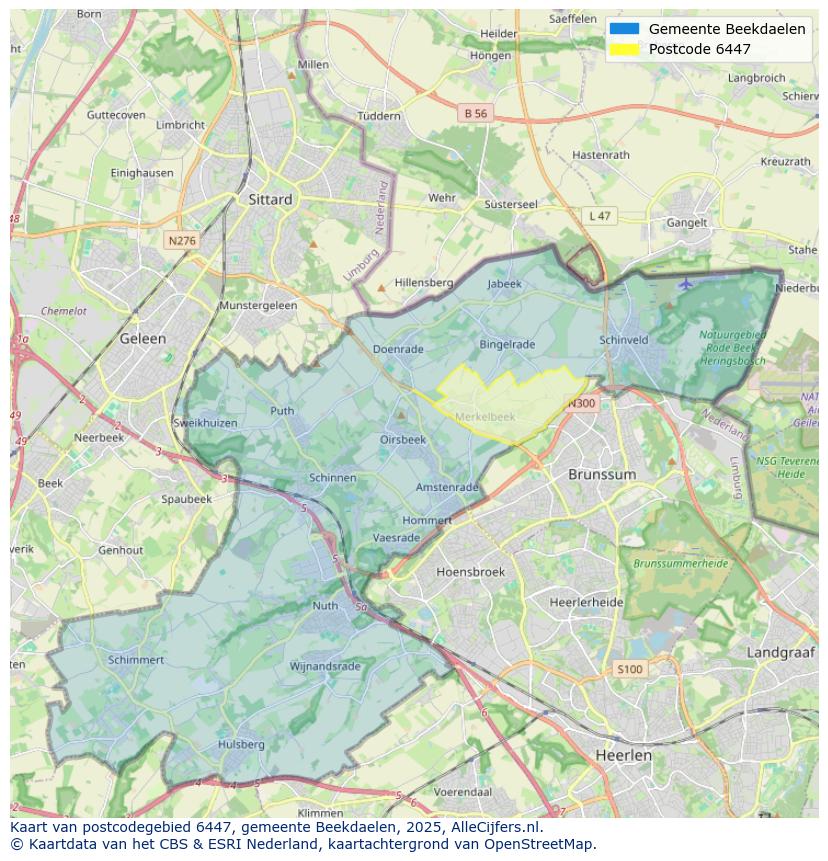 Afbeelding van het postcodegebied 6447 op de kaart.