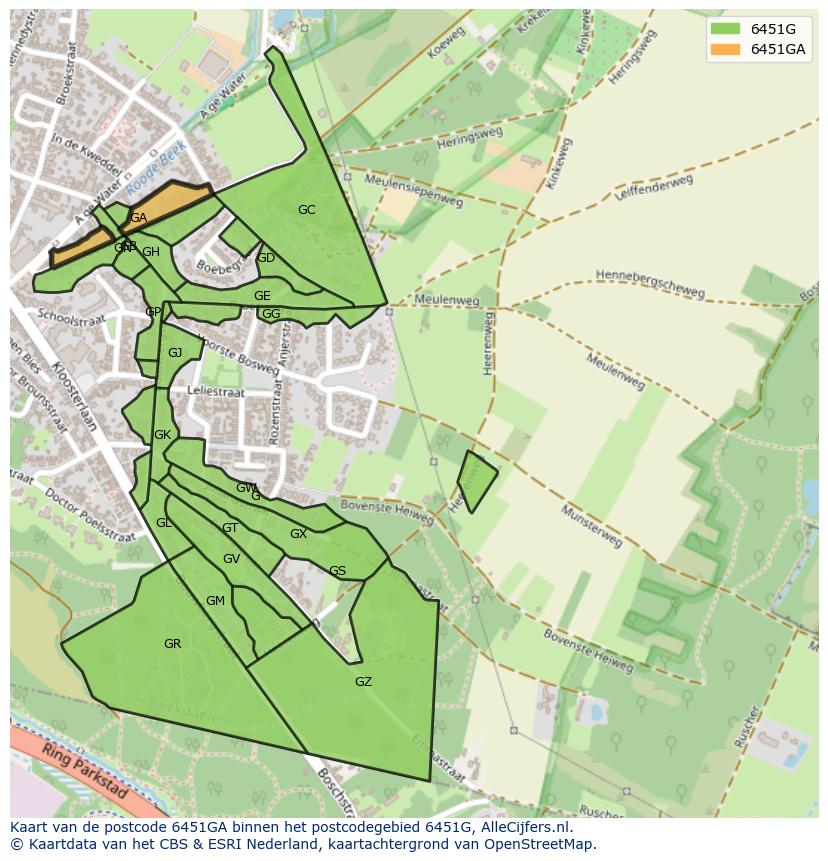 Afbeelding van het postcodegebied 6451 GA op de kaart.