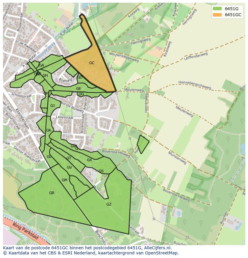 Afbeelding van het postcodegebied 6451 GC op de kaart.