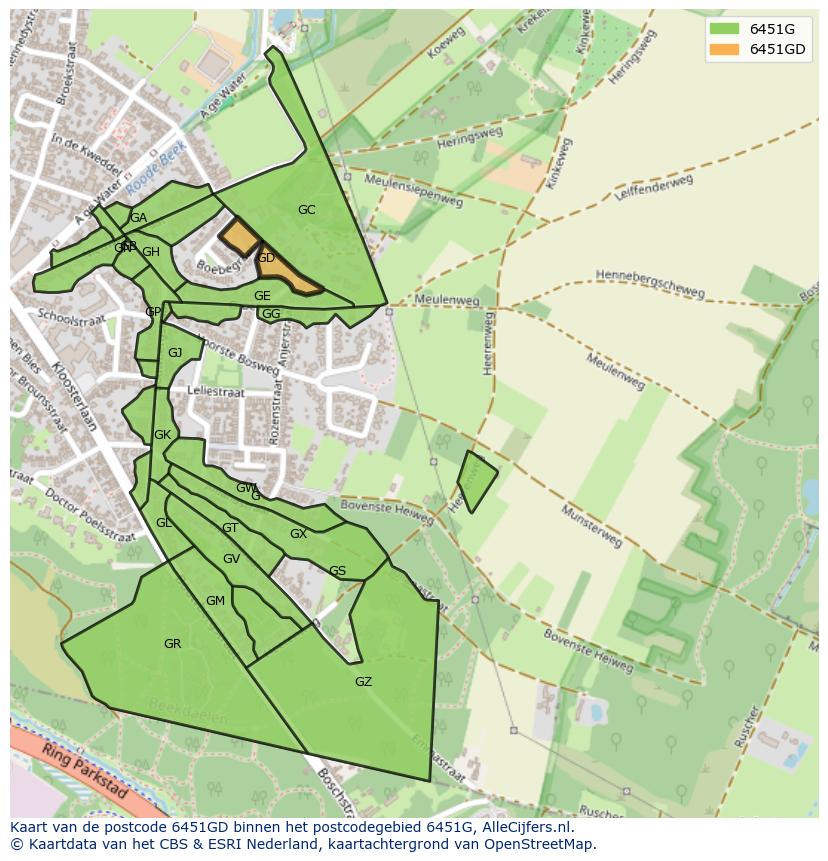 Afbeelding van het postcodegebied 6451 GD op de kaart.