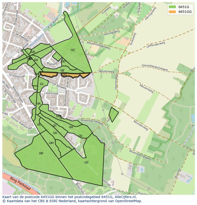 Afbeelding van het postcodegebied 6451 GG op de kaart.