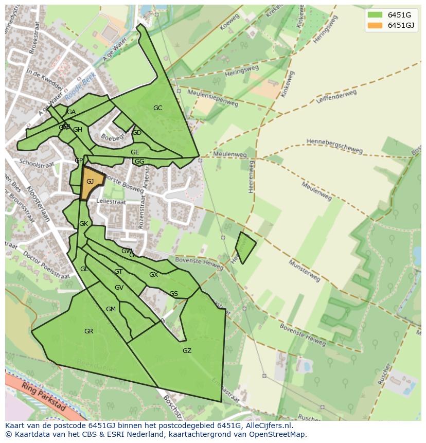 Afbeelding van het postcodegebied 6451 GJ op de kaart.