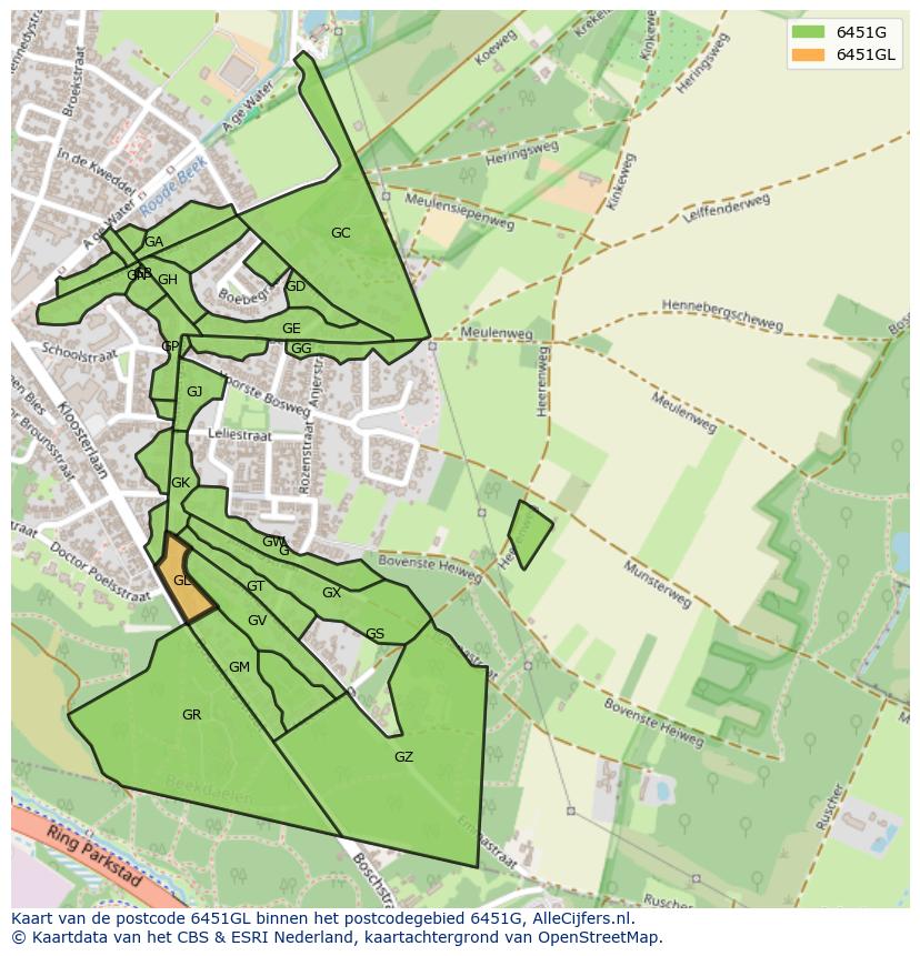 Afbeelding van het postcodegebied 6451 GL op de kaart.