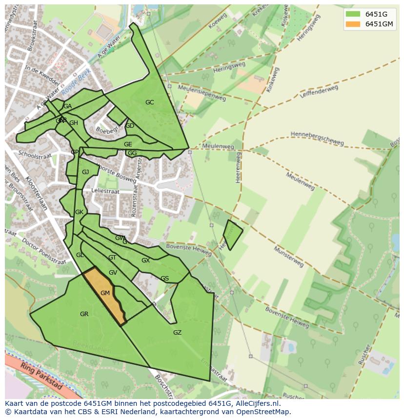 Afbeelding van het postcodegebied 6451 GM op de kaart.