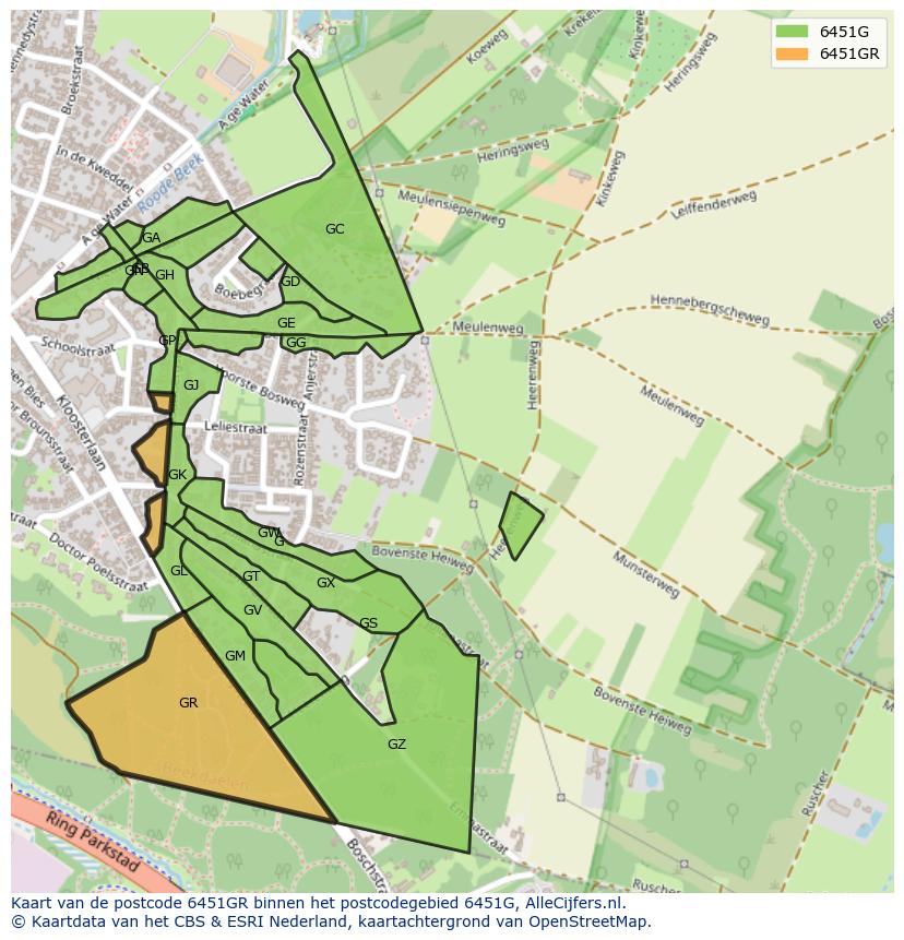 Afbeelding van het postcodegebied 6451 GR op de kaart.