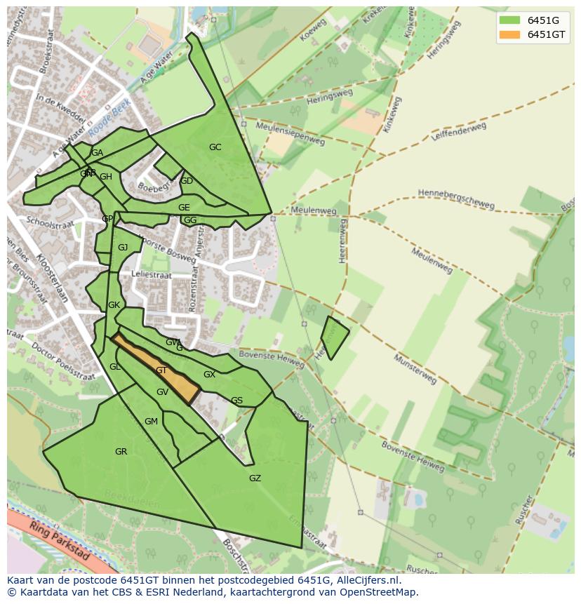 Afbeelding van het postcodegebied 6451 GT op de kaart.