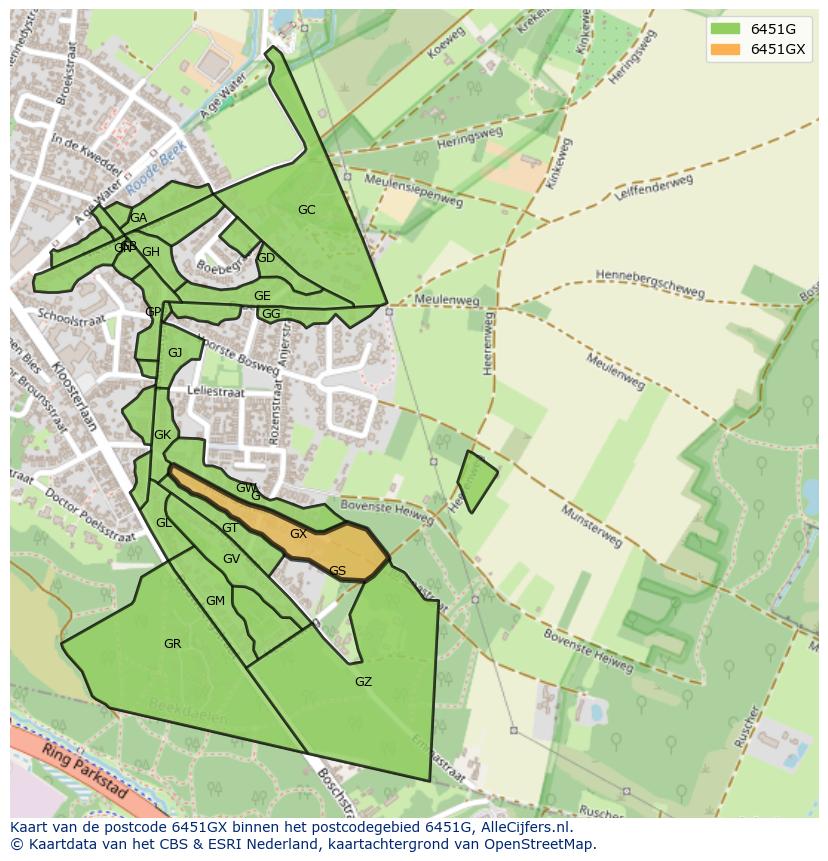 Afbeelding van het postcodegebied 6451 GX op de kaart.