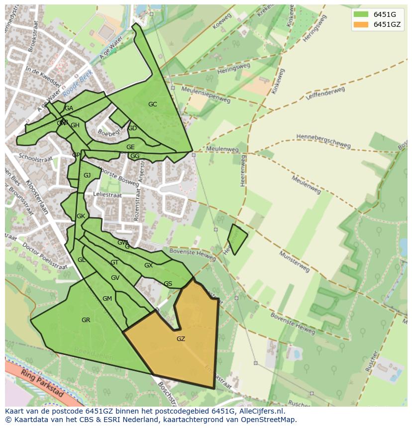 Afbeelding van het postcodegebied 6451 GZ op de kaart.