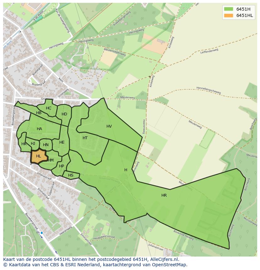 Afbeelding van het postcodegebied 6451 HL op de kaart.