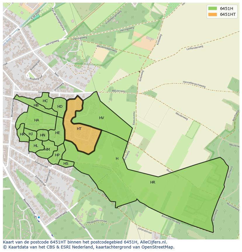 Afbeelding van het postcodegebied 6451 HT op de kaart.
