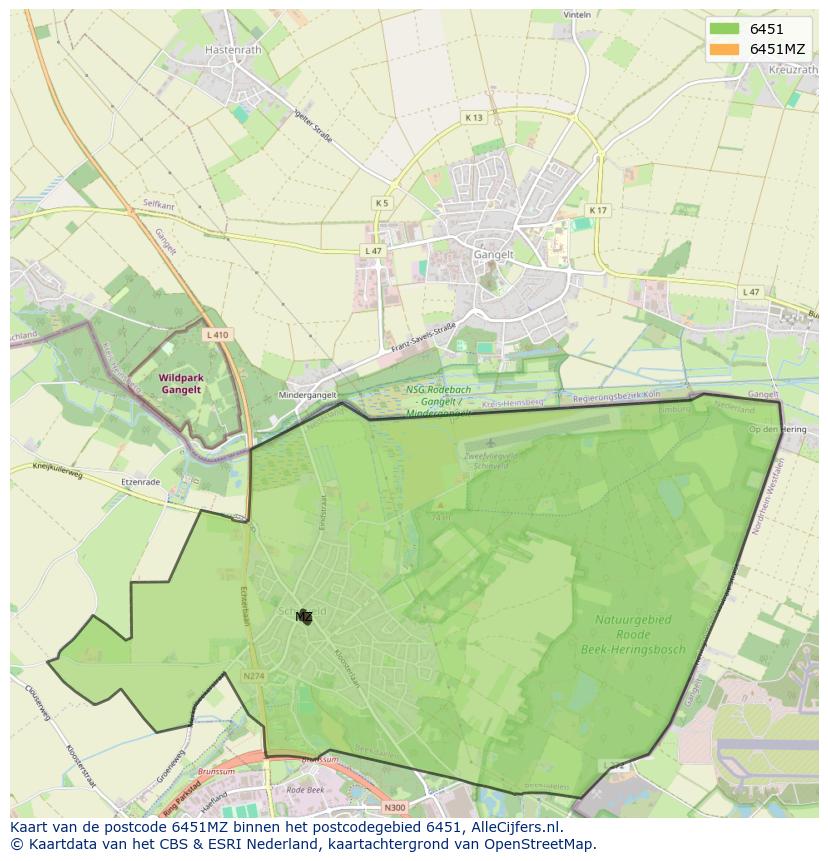 Afbeelding van het postcodegebied 6451 MZ op de kaart.