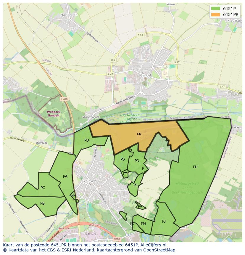 Afbeelding van het postcodegebied 6451 PR op de kaart.