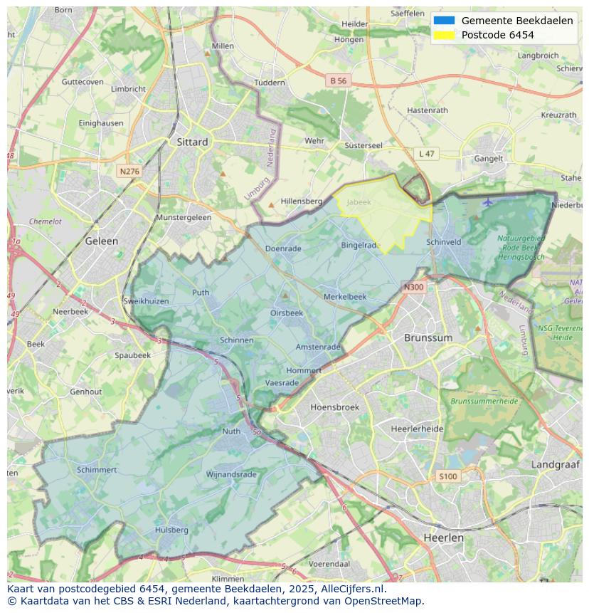 Afbeelding van het postcodegebied 6454 op de kaart.