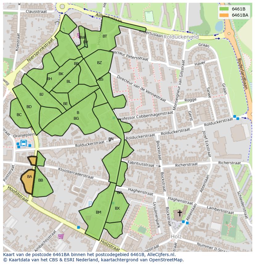 Afbeelding van het postcodegebied 6461 BA op de kaart.