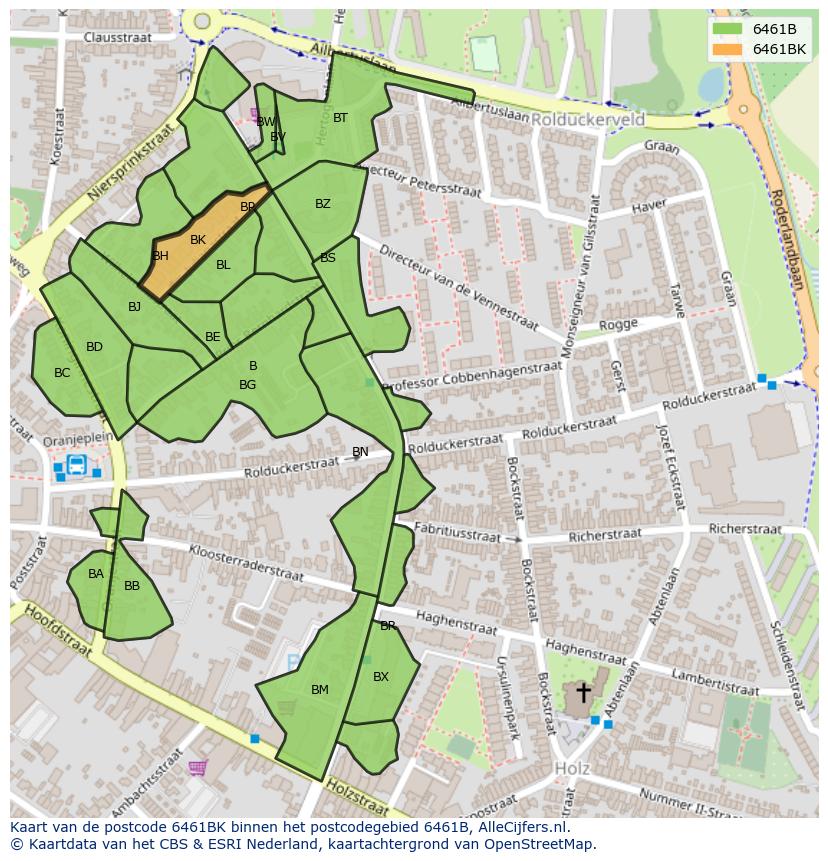 Afbeelding van het postcodegebied 6461 BK op de kaart.