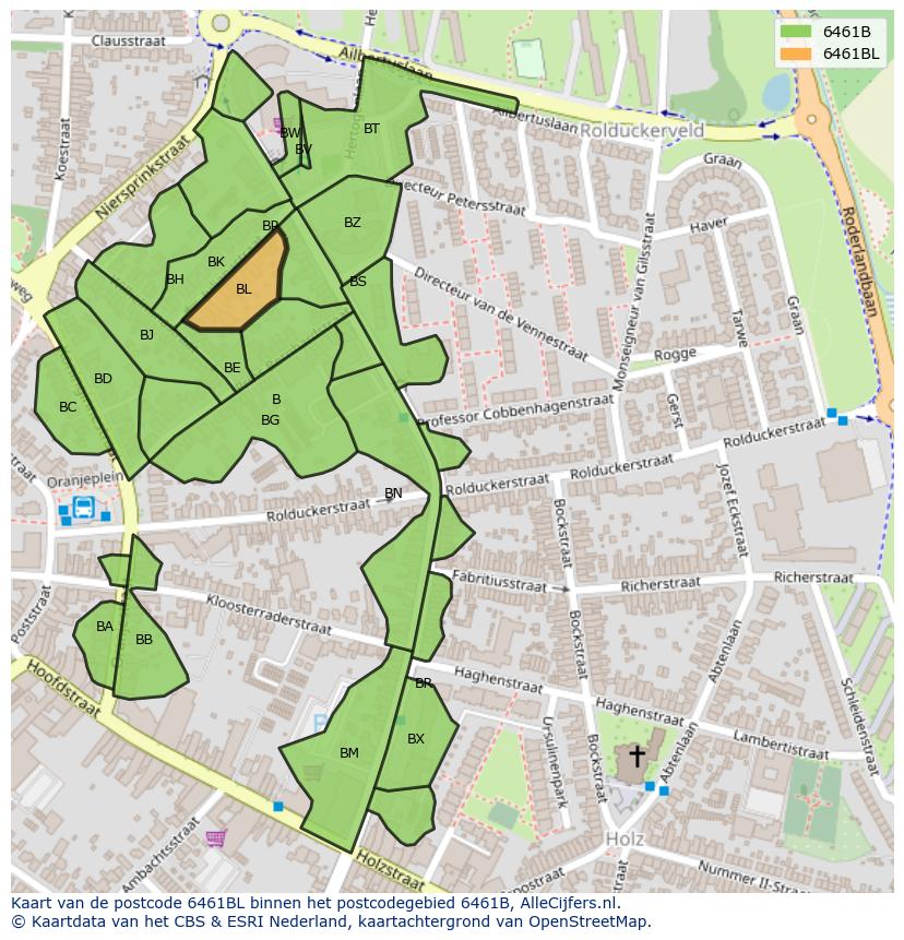Afbeelding van het postcodegebied 6461 BL op de kaart.