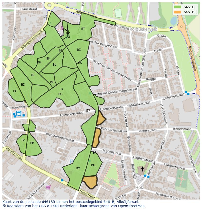 Afbeelding van het postcodegebied 6461 BR op de kaart.