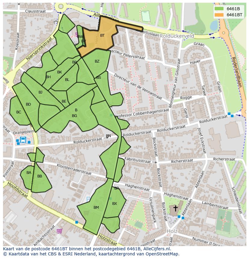 Afbeelding van het postcodegebied 6461 BT op de kaart.