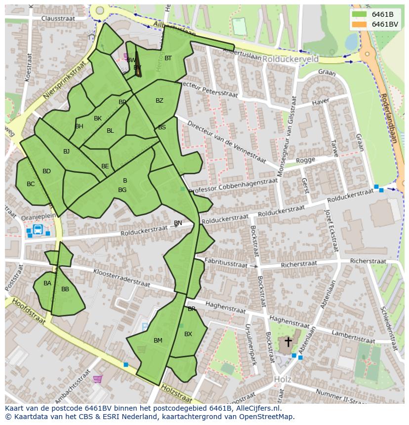 Afbeelding van het postcodegebied 6461 BV op de kaart.