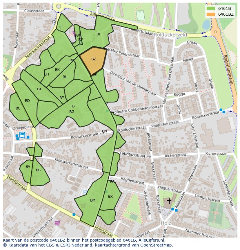 Afbeelding van het postcodegebied 6461 BZ op de kaart.