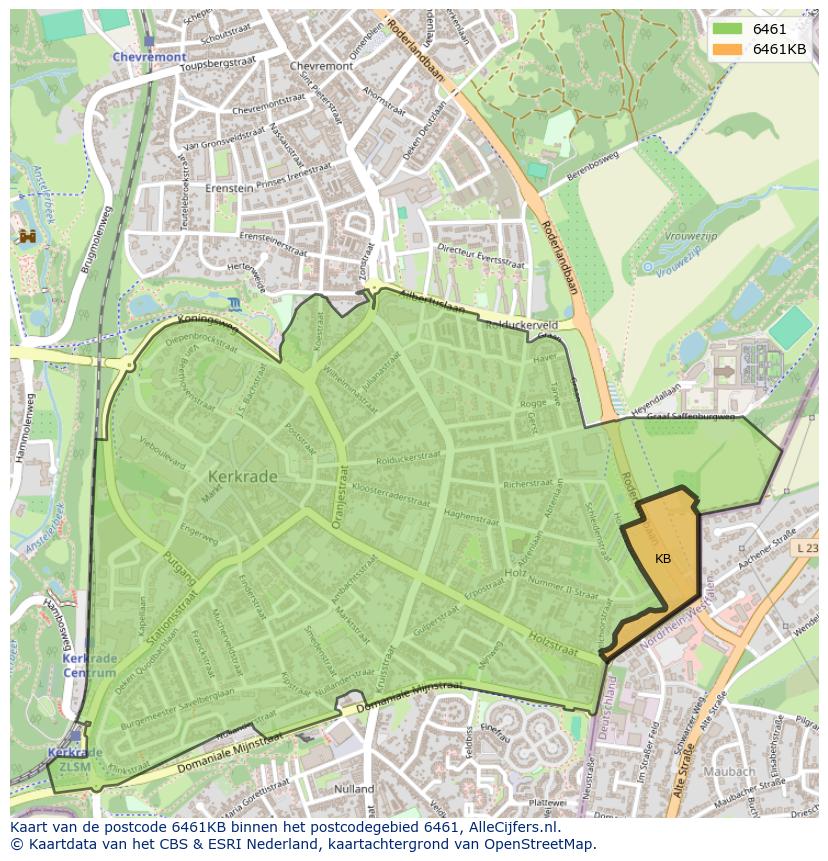 Afbeelding van het postcodegebied 6461 KB op de kaart.